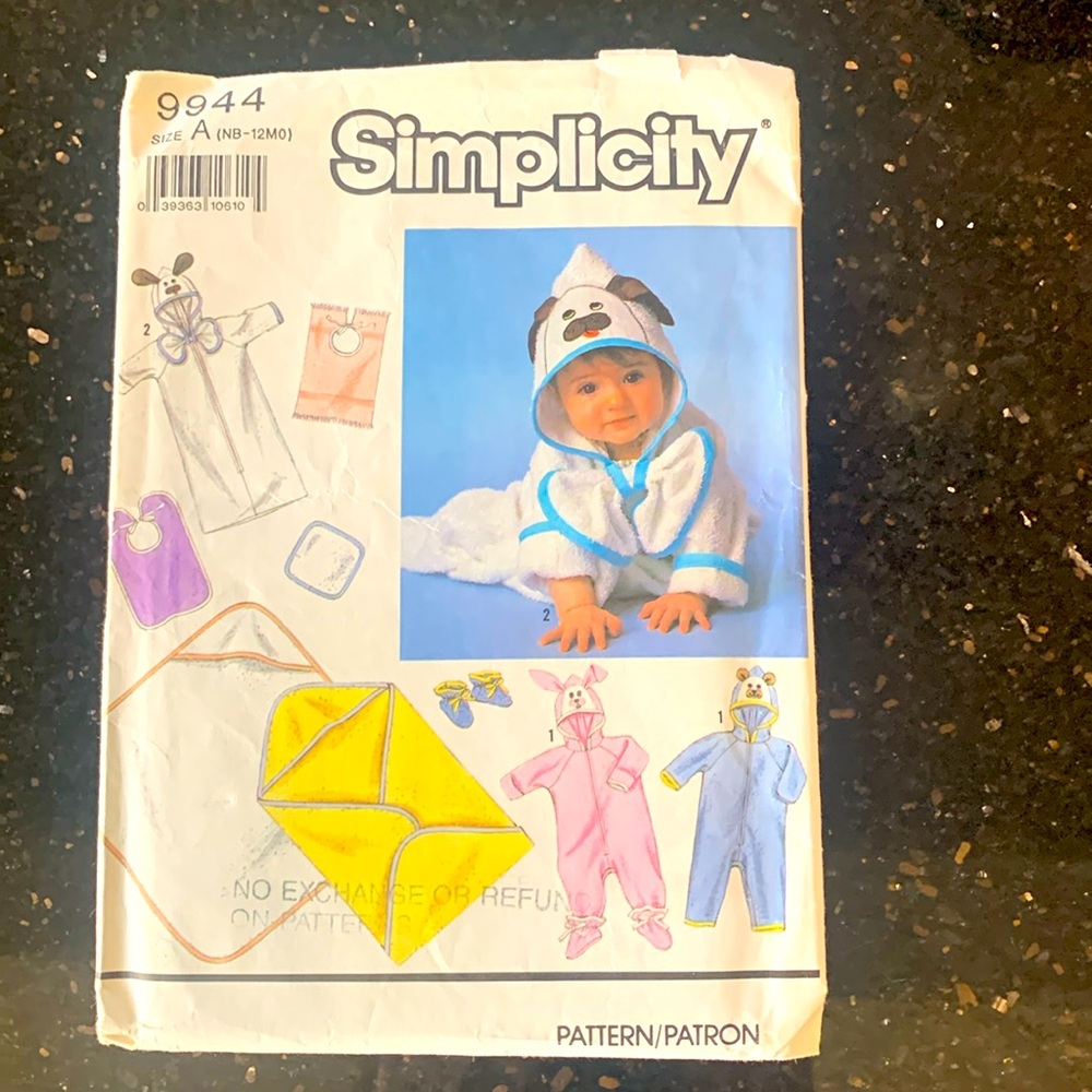 Simplicity sewing pattern. Baby towel  bib booties bunting washcloth 3 for $15